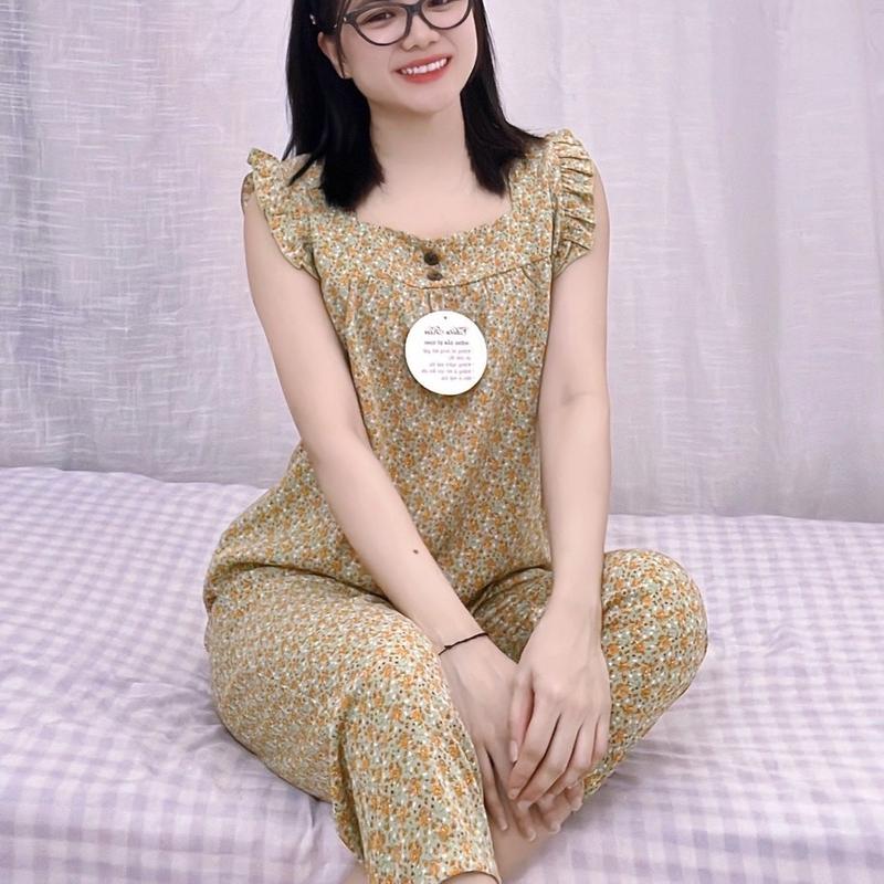 Đồ bộ cổ vuông 9 tất bông nhi vải lụa mangô Voi Nho Kem Nhung ống suông xanh biếc cỡ lớn cộng bộ ngủ Ong Ong dobo tay ngan Áo do  bolatin pizamanu