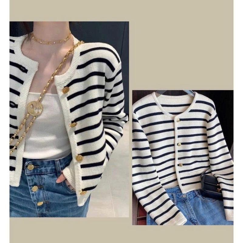  Áo khoác cardigan kẻ sọc ngang đen trắng chất liệu dày dặn áo len tiểu thư hottrend MIHN SP44 