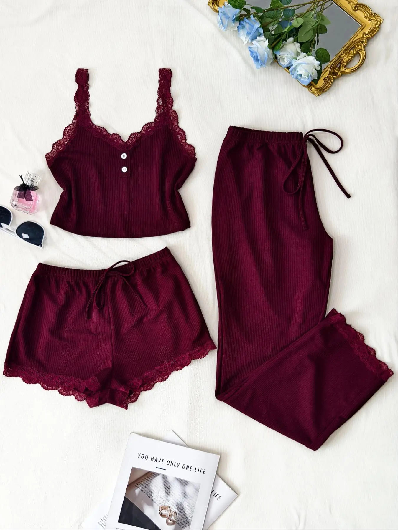 Women's Solid Lace Trim Pyjama Set, Casual Comfy Cami Top & Shorts & Pants Loungewear Set, Ladies Sleepwear for All Seasons