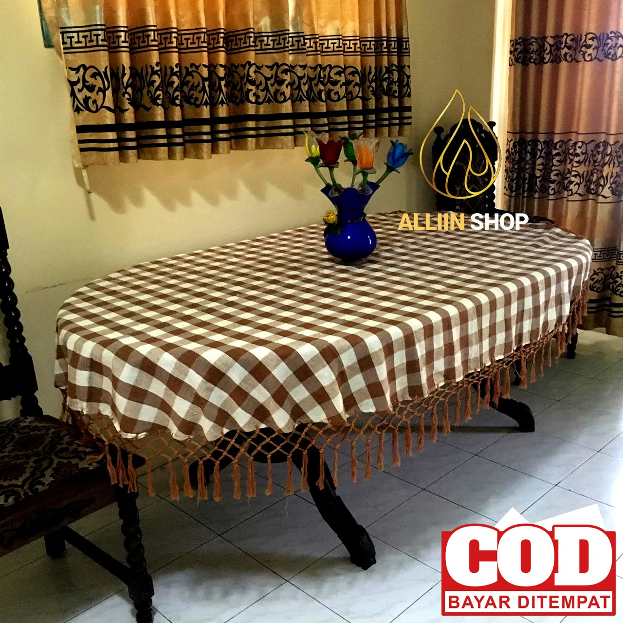 TAPLAK MEJA MAKAN OVAL 6 KURSI UKURAN 200cm x 140cm TENUN RAJUT RUMBAI ...