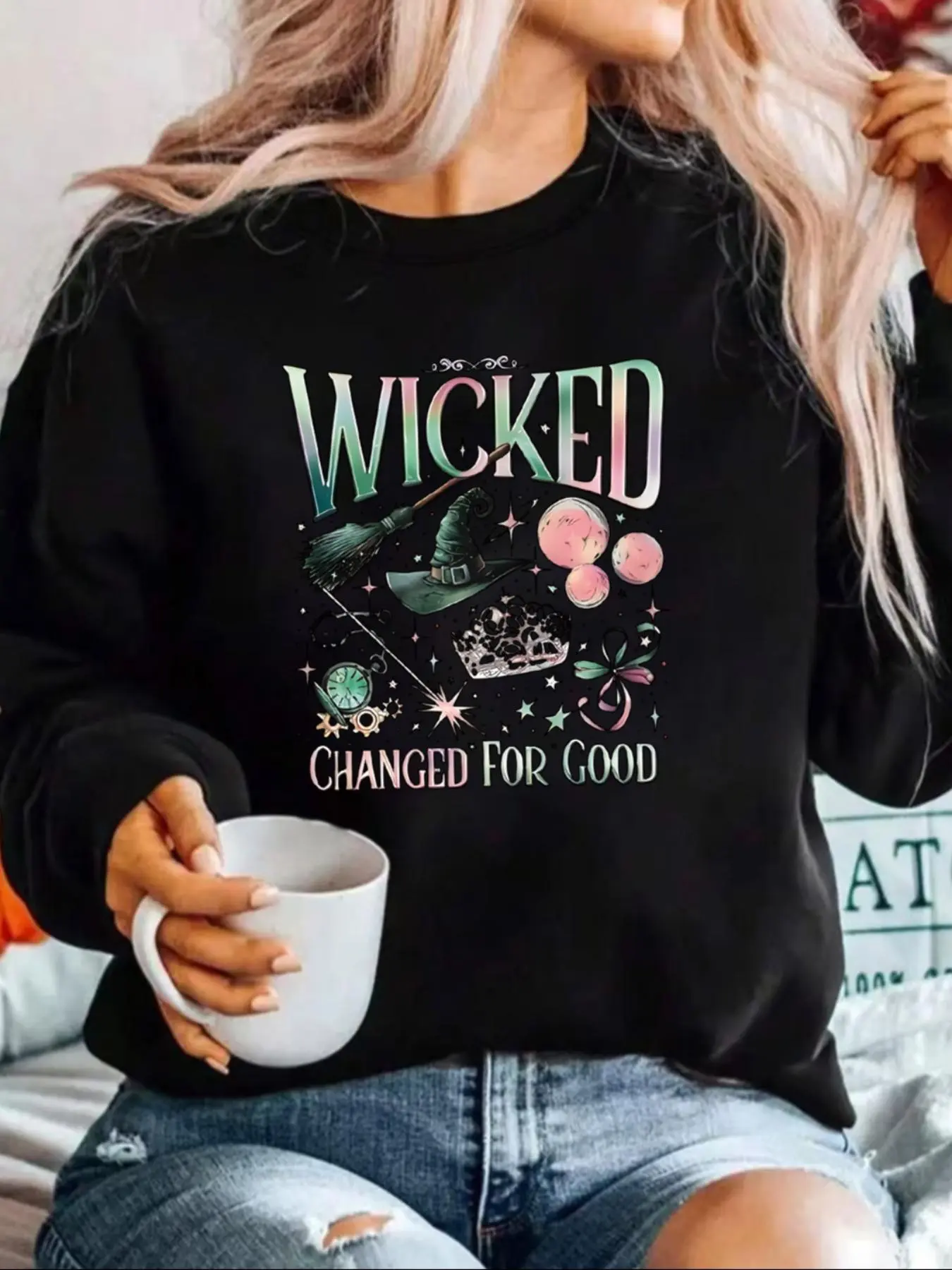 【Plus Size】 Wicked Changed for Good Letter Print Crew Neck Sweatshirt, Casual Long Sleeve Pullover for Women, Women's Clothing for Fall & Winter