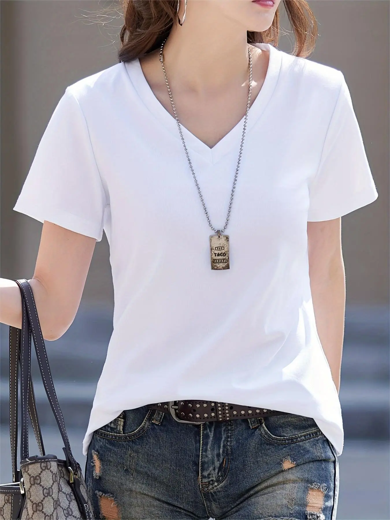 Women's Plain V Neck Tee, Casual Short Sleeve T-shirt for Summer, Ladies Clothes for Daily Wear