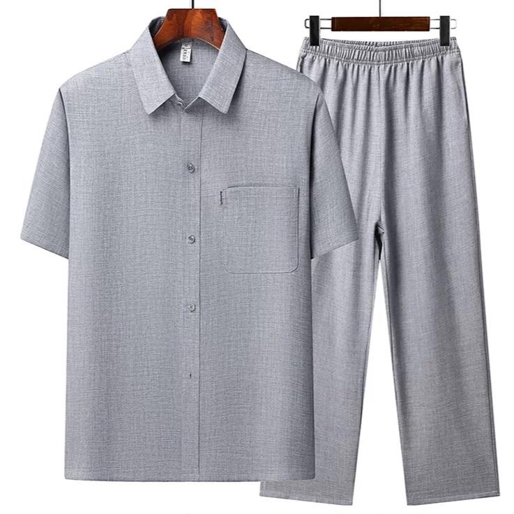 Đơn giản đủ màu sắc bộ trung niên nam, Bộ đồ cổ bẻ màu sắc nhã nhặn chất liệu thô đũi mộc nhẹ mát, Bộ đồ quần dài áo ngắn tay phongc cách thanh lịch món quà tặng bố yêu  Menswear set