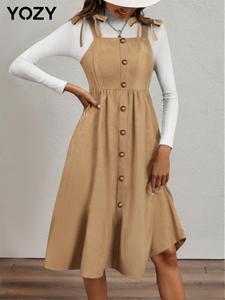 YOZY Women's Solid Button Front Tie Shoulder Pinafore Dress & Mock Neck Long Sleeve Tee Two-piece Set, Casual Fashion Cozy Two Piece Outfits for Daily Outdoor Wear, Women Clothes for Fall & Winter