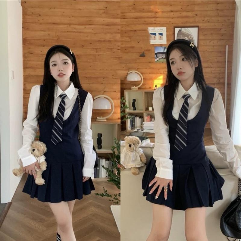  Set Yếm Tuyết Đuôi Xếp Ly Mix Áo Sơ Mi Thô Tay Bồng Dài Tay Kèm CaVat Chuẩn Form Mẫu Mặc  Ảnh Thật Trải Sàn  