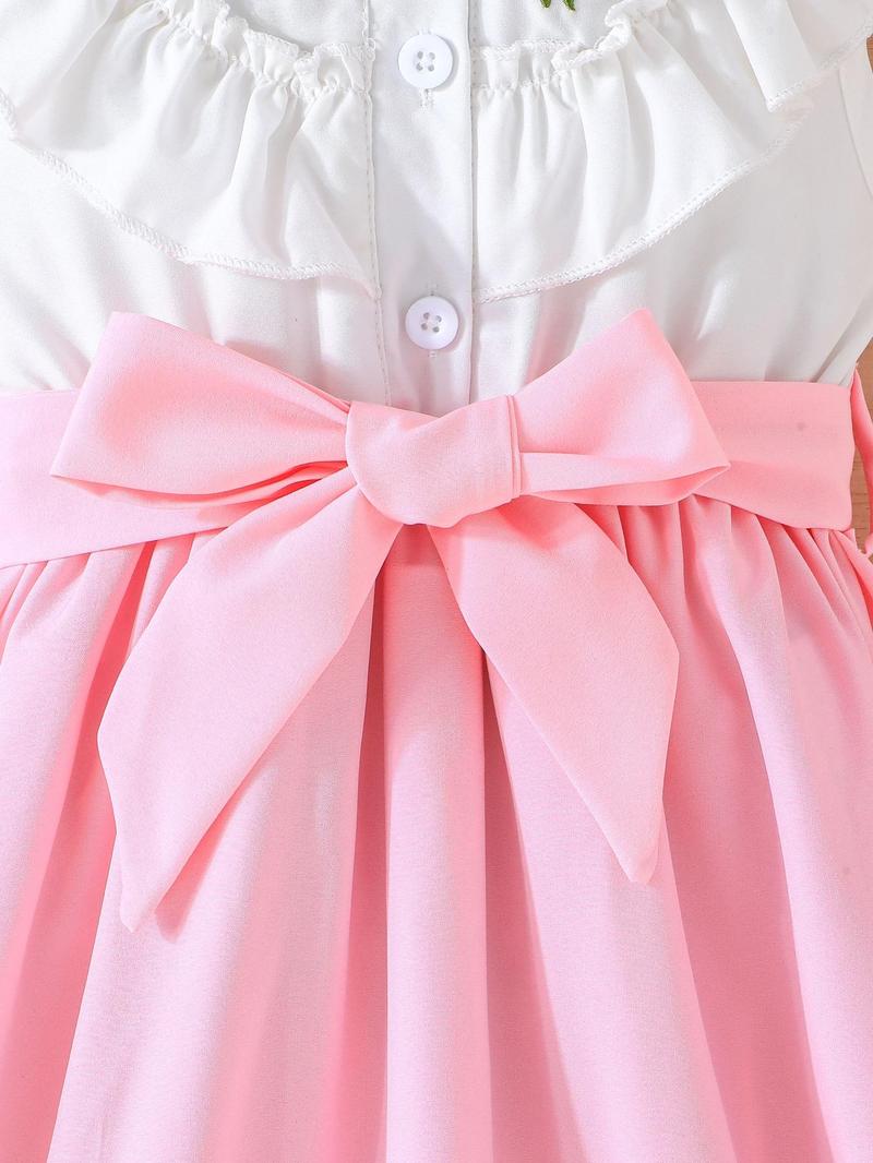 Product Introduction of Girl's Colorblock Floral Embroidery Belted Sweater Dress, Elegant Casual Leaf Print Short Sleeve Dress for Summer, Kids Clothes for Daily Wear 5