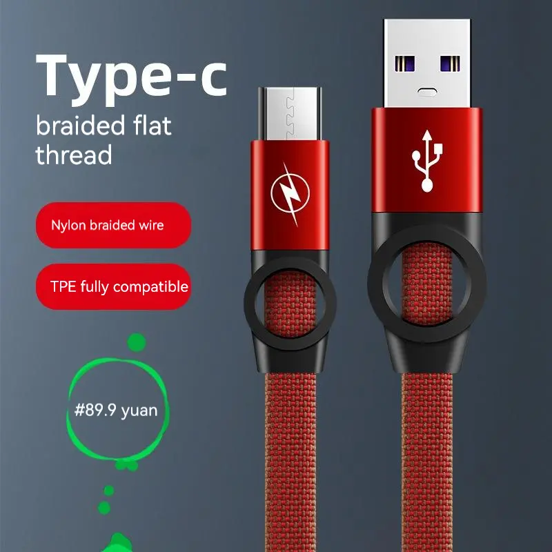 USB Type-C Fast Charging Cable Flat weaving 1M USB C Cable for Huawei, Xiaomi, Samsung, Oppo, OnePlus