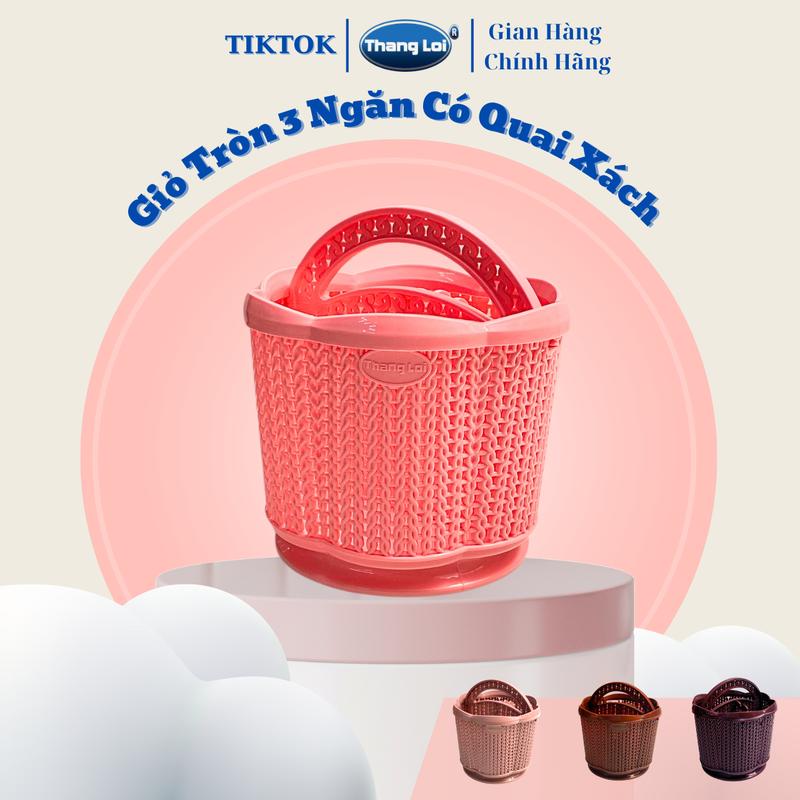 Giỏ nhựa tròn hoa 3 ngăn có quai xách đựng vật dùng văn phòng nail tiện dụng Thắng Lợi Có tay cầm Rổ rổ đựng