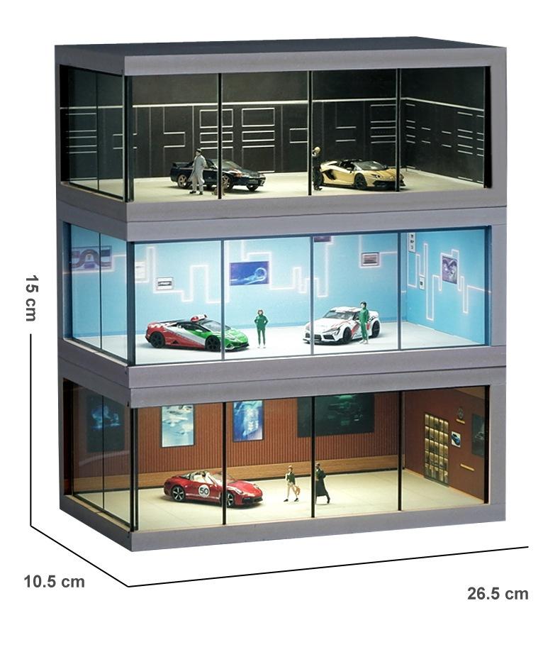 Product Introduction of Alloy die-cast car parking lot model, suitable for 1:64 scale car models, simulated garage scene, highly transparent dust-proof box, with lights, assembly model, for storing car models, for decoration and collection, a gift for boys 13