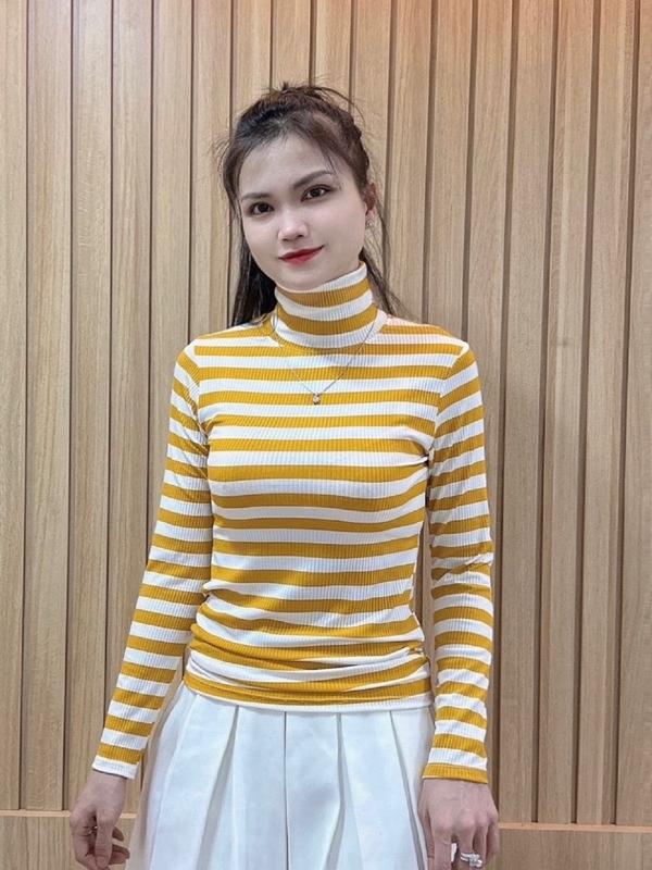 Áo Thun Cổ Lọ Tay Dài, Hoạ Tiết Kẻ Sọc cho Nữ, Chất Liệu Gân Tăm, Mềm, Thoáng Mát