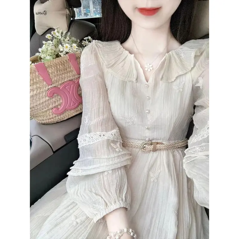 Váy Thêu Tinh Tế Cao Cấp Thanh Lịch, Phong Cách Pháp, Cổ Chữ V, Dài Tay, Dành Cho Nữ, Đầu Mùa Thu, Thích Hợp Cho Nam Nhỏ Eo Thon, Váy Bó Sát Women Dress Khuy 0