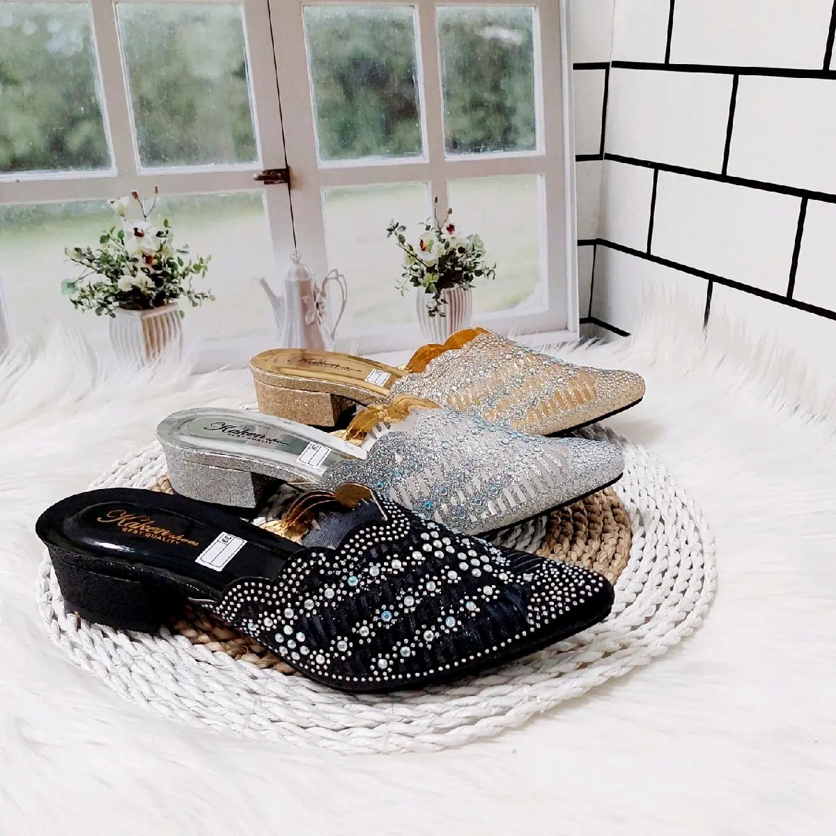 sandal pesta hak 3 cm motif payet import