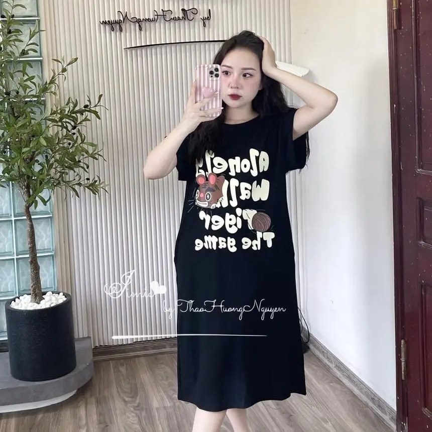Đầm bầu V17  cotton dáng suông in hình + chữ . Mặc xuân hè ,  đi chơi, đi làm công sở .
