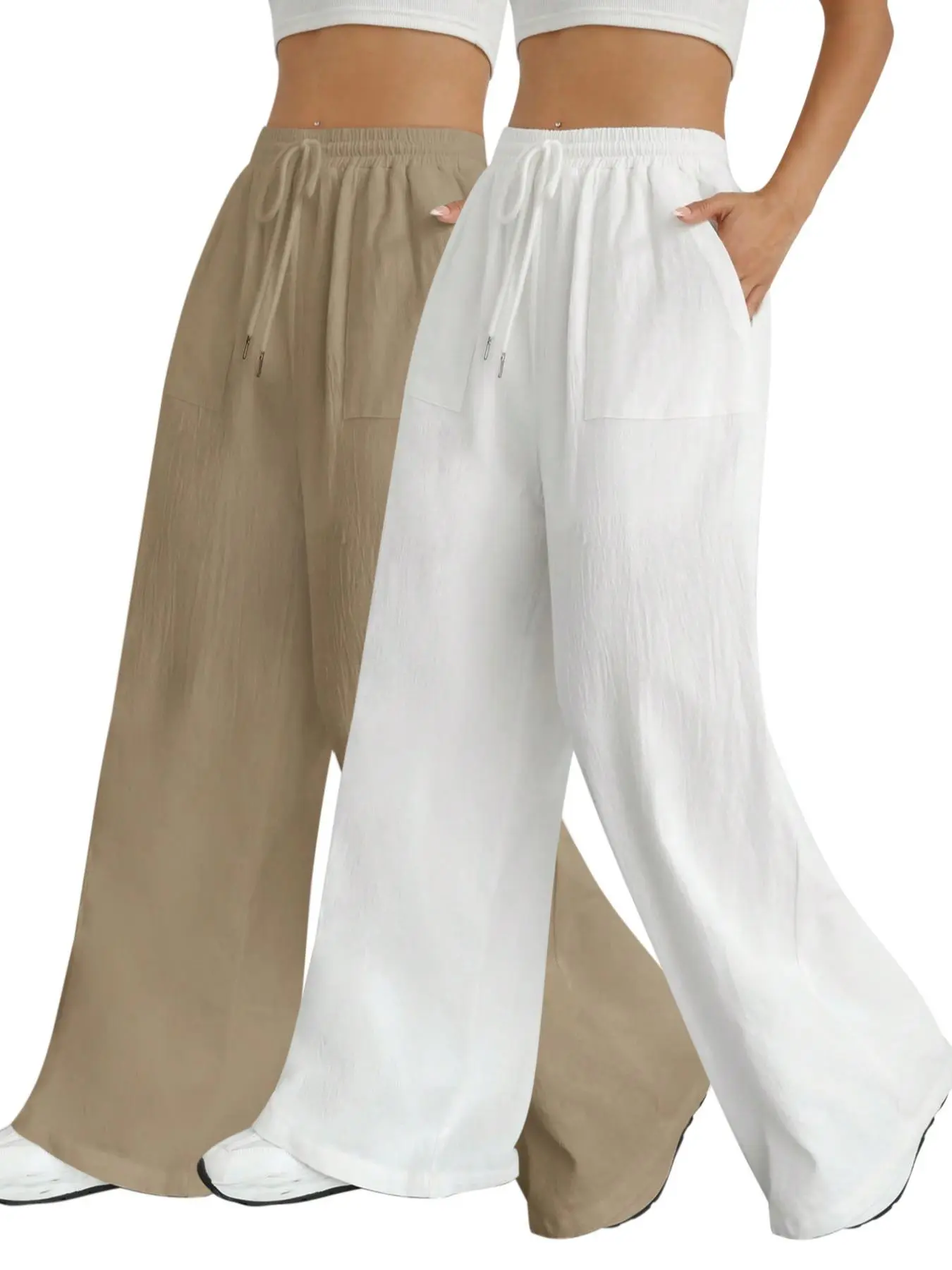 Women's Solid Pocket Drawstring Waist Wide Leg Pants, Casual Comfy Elastic Waist  High Waist Trousers for Summer, Fashion Women's Bottoms for Daily Wear