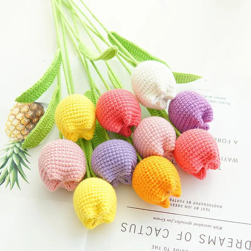 3Pcs Tulip Crochet Flower Handmade Knitting Floral Home Room Decoration Accessories Wedding Table Bouquet Valentine's Day Gift