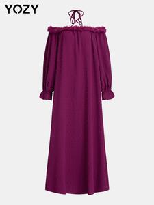 YOZY Swiss Dot Fuzzy Trim Dress/ Fashion Elegant Criss Cross Tie Back Off Shoulder Long Sleeve Dresses, 2024 Women's Party Arabic Clothing for Spring & Autumn