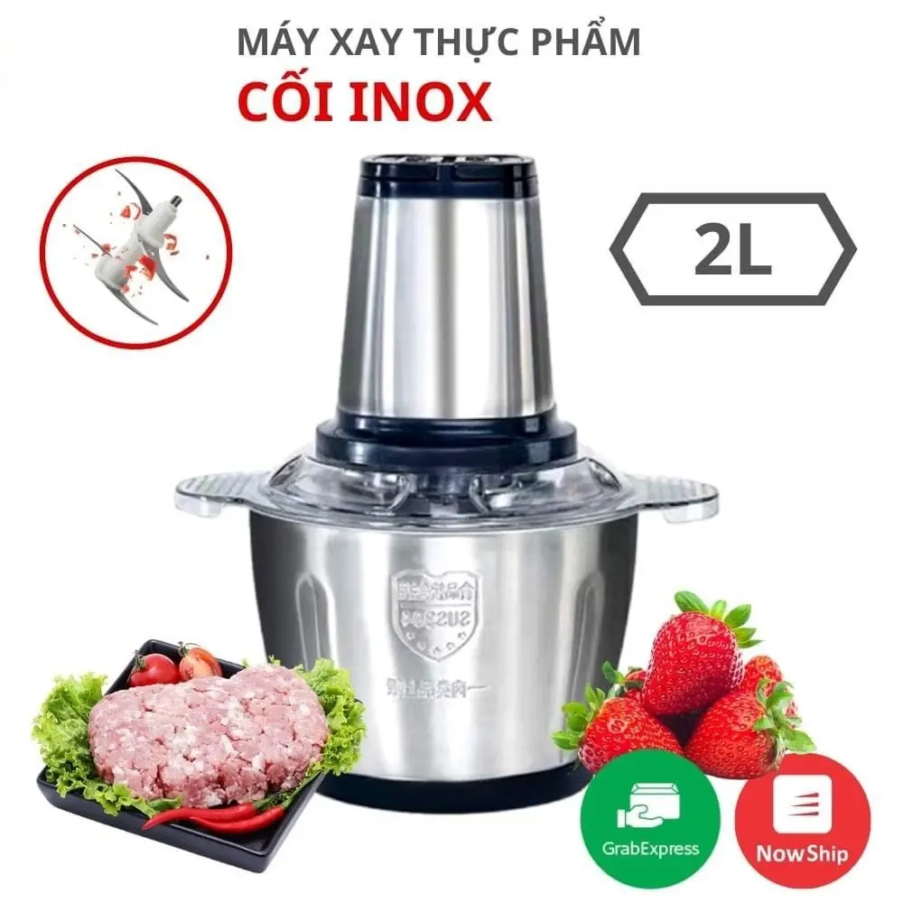 Máy Xay Thịt Đa Năng Cối 2L inox Cầm Tay 2 Chế Độ 4 Lưỡi Dao Siêu Bền, Cối Xay inox