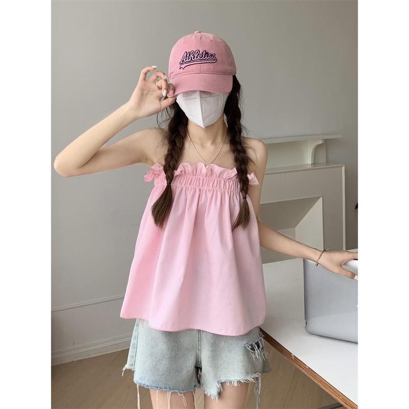 Cocoshop-Áo Ống Cổ Dây Gợi Cảm Cho Nữ, Áo Vest Lệch Vai Nhỏ, Áo Sơ Mi Búp Bê Ngắn Dáng Rộng Dễ Thương Và Gợi Cảm Kiểu Pháp Mùa Hè Để Mặc Một Lần Và Áo Dưới Nhỏ (60129) Top Denim Women 2