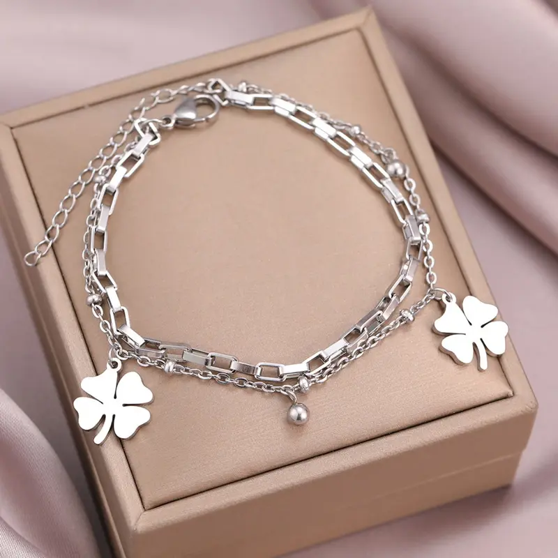Vòng Tay Phong Cách Cung Điện, Dành Cho Phụ Nữ, Thiết Kế Cỏ Bốn Lá May Mắn, Thời Trang Thanh Lịch, Được Làm Bằng Thép Titan, Thích Hợp Cho Phong Cách Đi Chơi Tài Lộc May Mắn, Thiết Kế Độc Đáo Hai Lớp, Hàng Mới Về Móc Khoá Kiềng 2