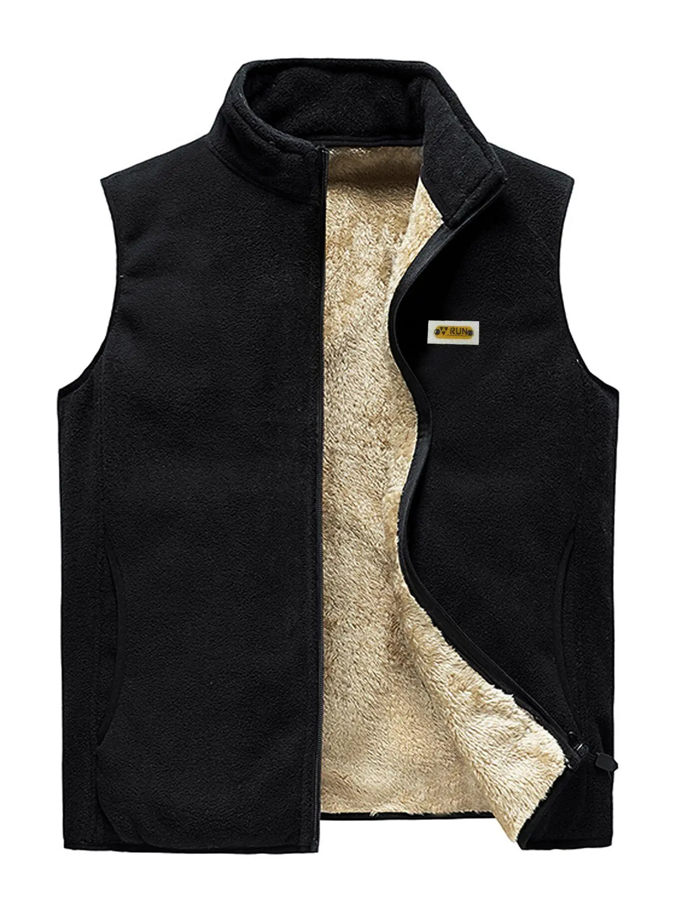Men's Thermal Lined Zip Up Vest Jacket, Regular Fit Casual Sleeveless Stand Collar Coat, Patched Letter Winter Jacket, Men's Outerwear