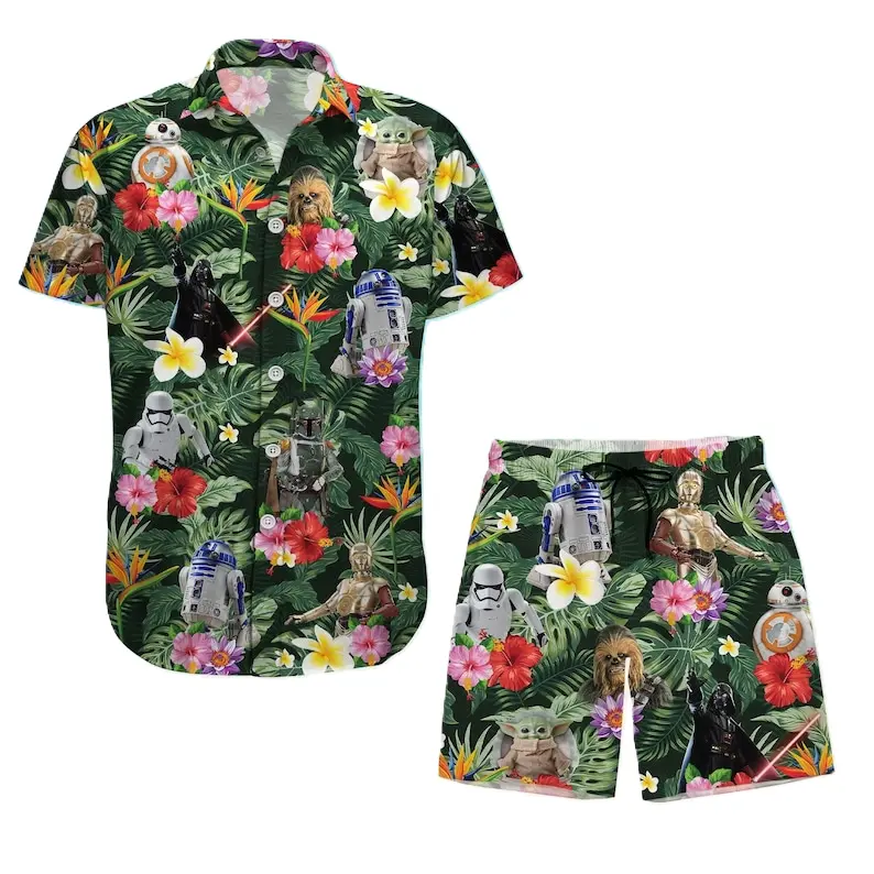 Galactic Heroes Hawaiian Shirt & Shorts – Darth Vader, Boba Fett, Stormtrooper, Baby Yoda, R2D2 (Unisex) Fabric Menswear