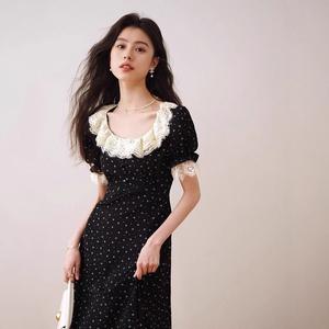 Black French style dress, ruffled neck, medium short sleeves, floral pattern, light and elegant, new dress for women in summer.