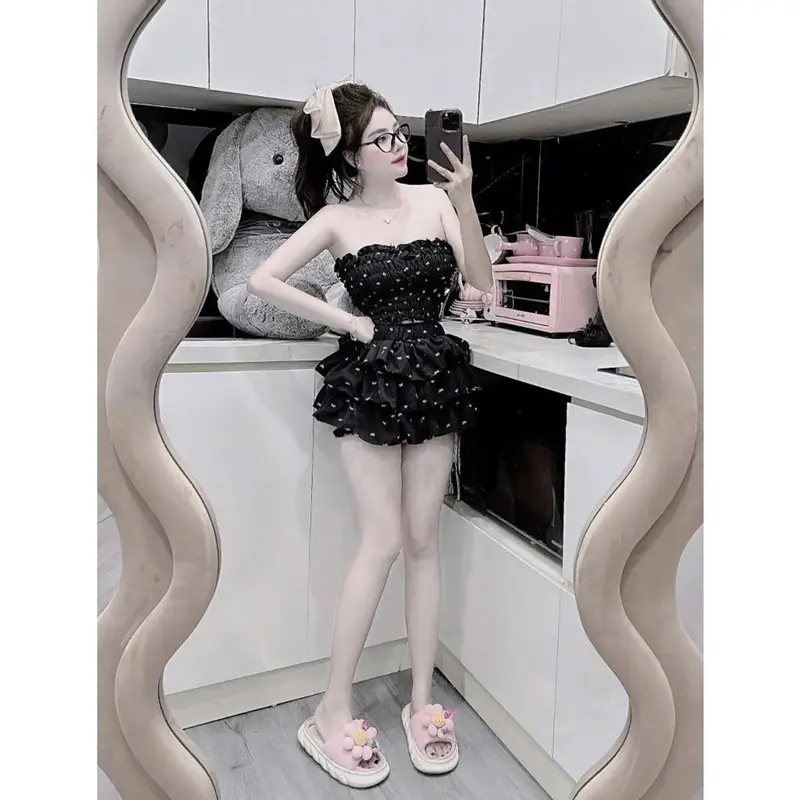SET123 Set Áo Ống Nhún Chỉ Họa Tiết Chân Váy Tầng Nữ Women 2