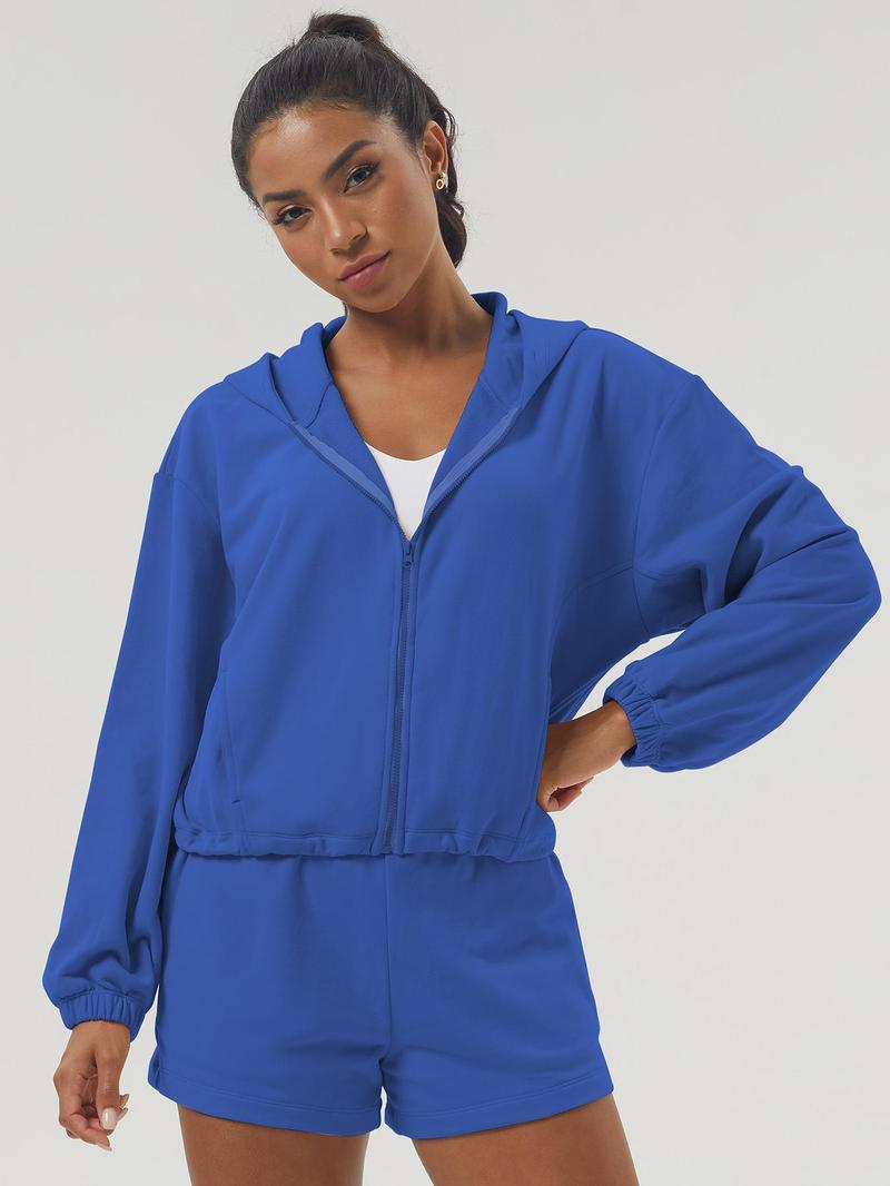 Product Introduction of Women's Solid Color Zip Up Hooded Sweatshirt & Drawstring Waist Shorts Sports Sweat Set, Casual Long Sleeve Zip Front Outerwear & Shorts, Ladies Sportswear for Indoor Outdoor Wear, Tracksuit 5