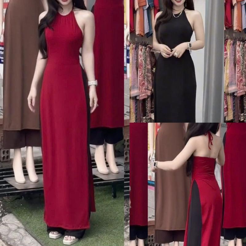 Set áo dài cách tân cổ yếm cột dây hở lưng phối quần ống suông siêu cute chất thun nhập mềm mát setváysơmi Nữ Women Top Ong