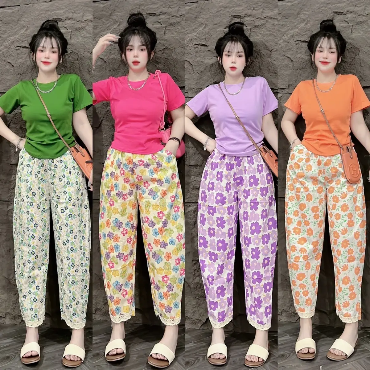 Sét Bộ Thun Áo Tay Ngắn Cổ Tròn In Hình Hoa Nhí Thun Co Giãn Kèm Quần Baggy Lụa Phoi Ren Lai,In Hoa Tiếc Hoa ,Phom 45-58kg,Mac Thoai Mai Nữ Women Bo Chun Nhung Voi Top Kem