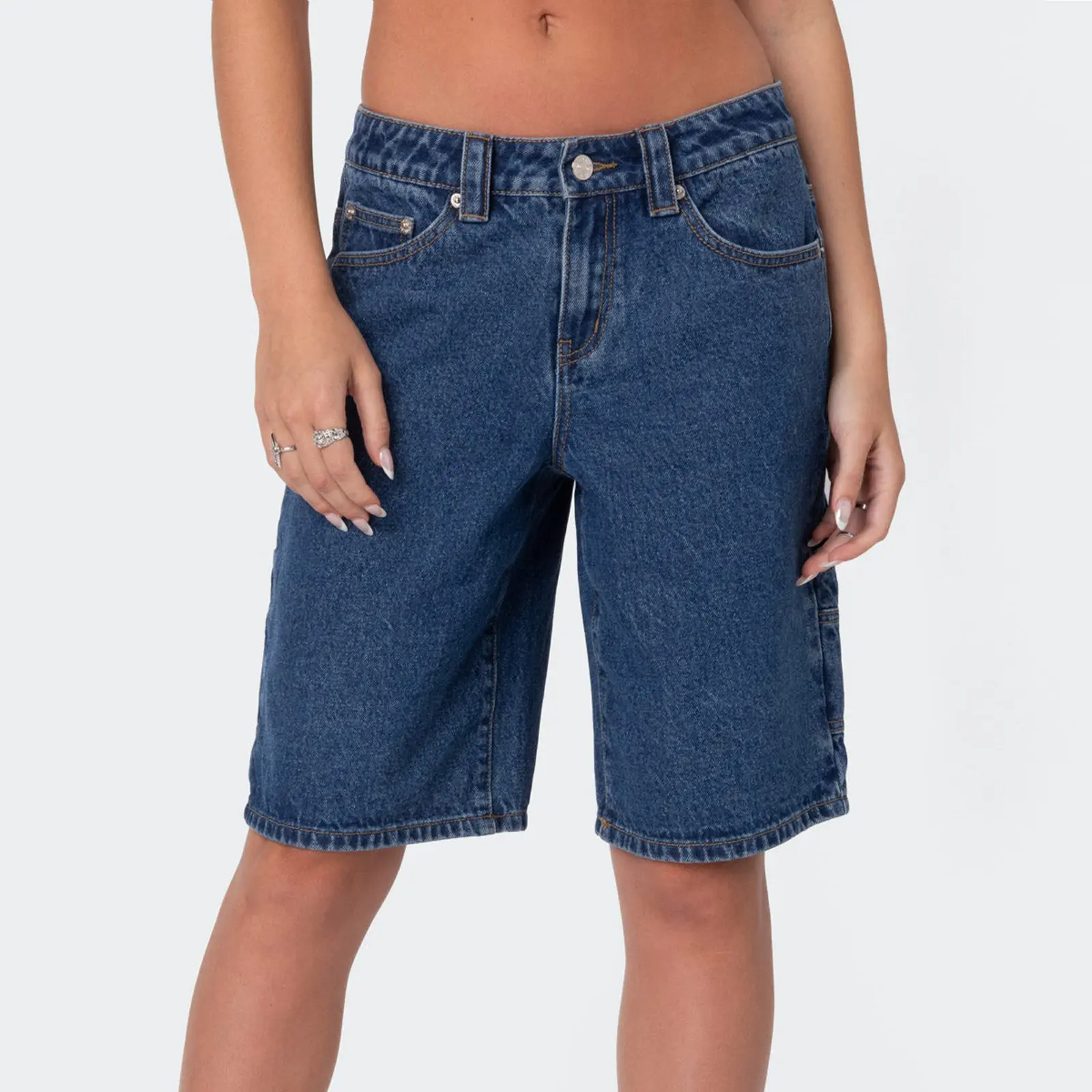 Women Summer Jean Shorts Casual Knee Length Star Print Denim Short Pants for Vacation Beach Club Streetwear