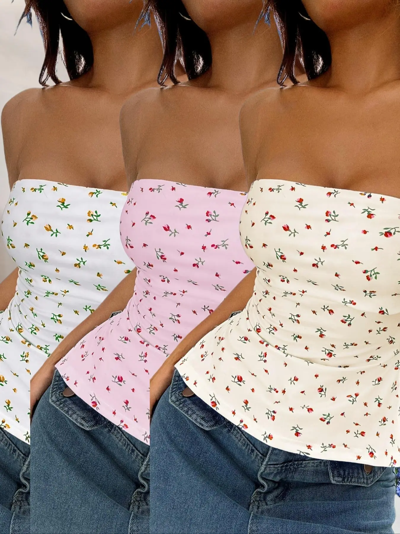 Women's Ditsy Floral Print Tube Top, Casual Sleeveless Strapless Top for Daily Wear, Ladies Clothes for All Seasons
