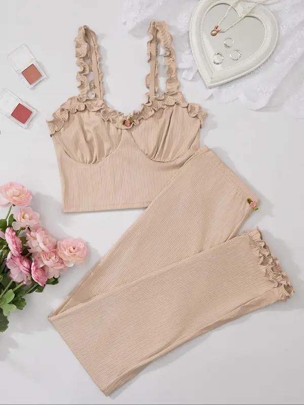 Frill Trim Backless Crop Cami Top & Elastic Waist Pants Pajama Set, Y2k Wear Streetwear Lady Comfort Sleeveless Top & Flower Decor Trousers Pj Set, Summer Wear 2024, Ladies Sleepwear Homewear, Lounge Sets, Pajama Sets 2 Piece Set for Girls, Grace Pyjamas 1