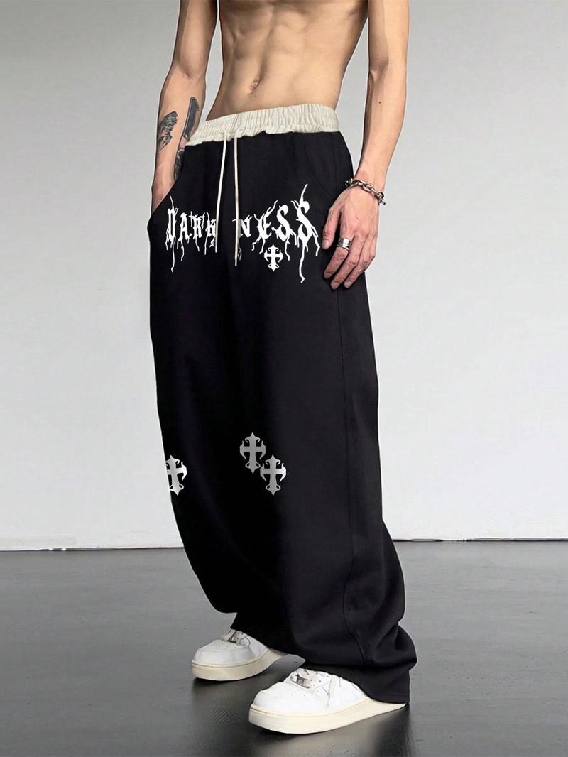 Product Introduction of Men's Patchwork Spider Web Print Drawstring Waist Pants, Casual Street Pocket Straight Leg Trousers for Daily Wear, Fashion Men's Bottoms for All Seasons 9