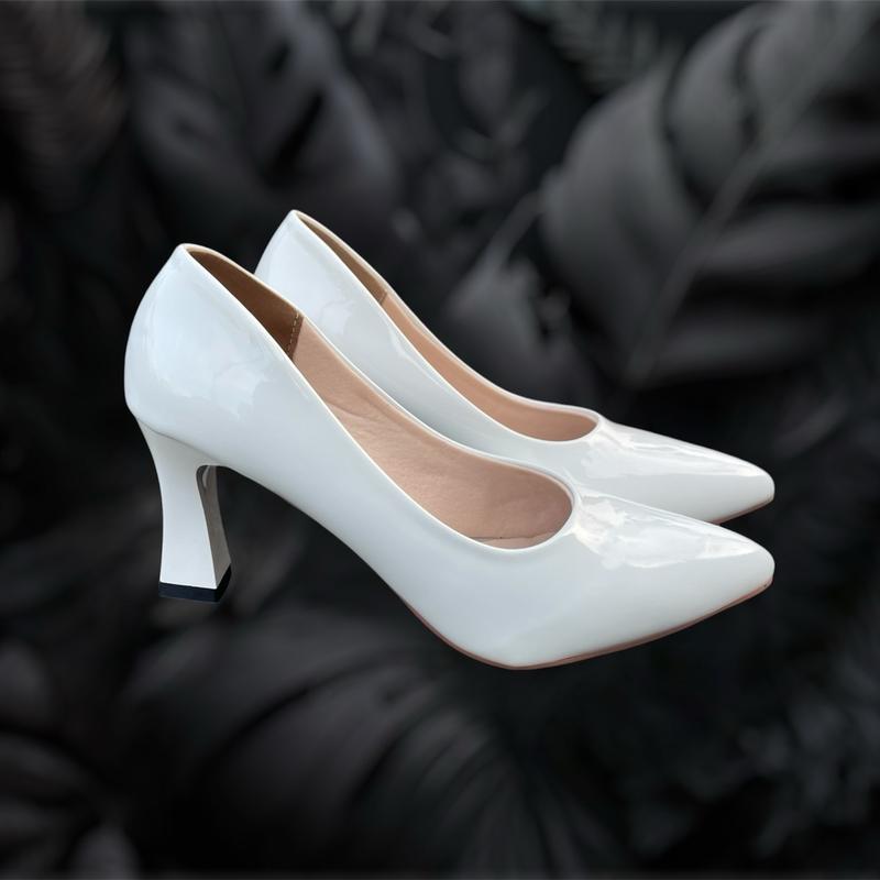 Giày Nữ Da Bóng Mũi Nhọn Cổ Tròn 2 Màu Trắng Kem Gót vuông Cao 3,5,7,9 Phân Đế Cao PU Shoes 4