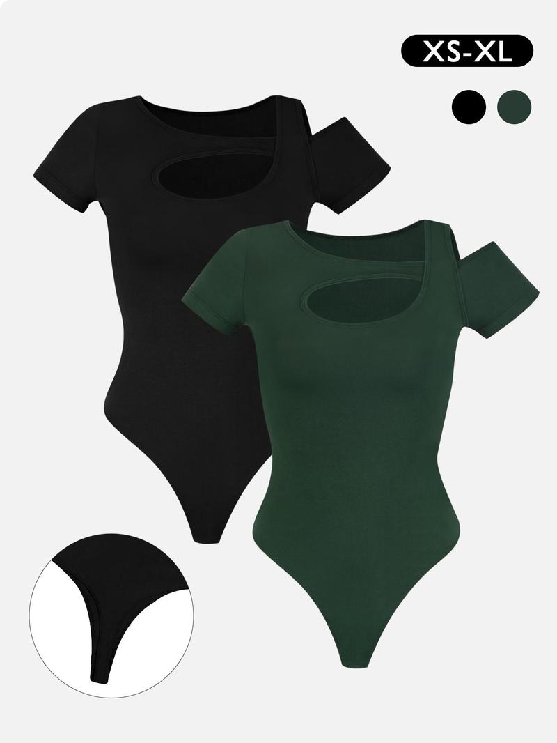 Product Introduction of Women's Solid Color Cut Out Bodysuit, Casual Comfy Breathable Short Sleeve Bodysuit for Daily Wear, Ladies Clothes for Summer 1