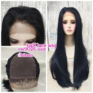 half lace wig rambut palsu wanita Dewasa panjang 70 cm lurus 9026mnt hitam