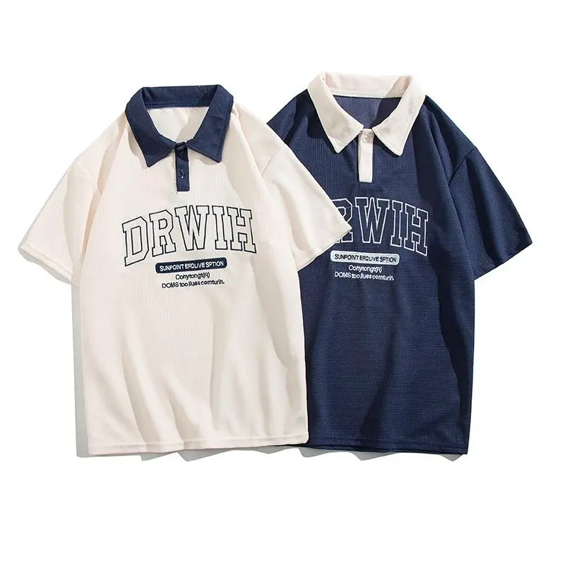 CLIFF เสื้อโปโล เสื้อคอปกผู้ชาย วาฟเฟิลด์ การเย็บสี t -shirt แบบสบาย ๆ รูปแบบการพิมพ์ สามสี M-3XL Man Clothing Polo