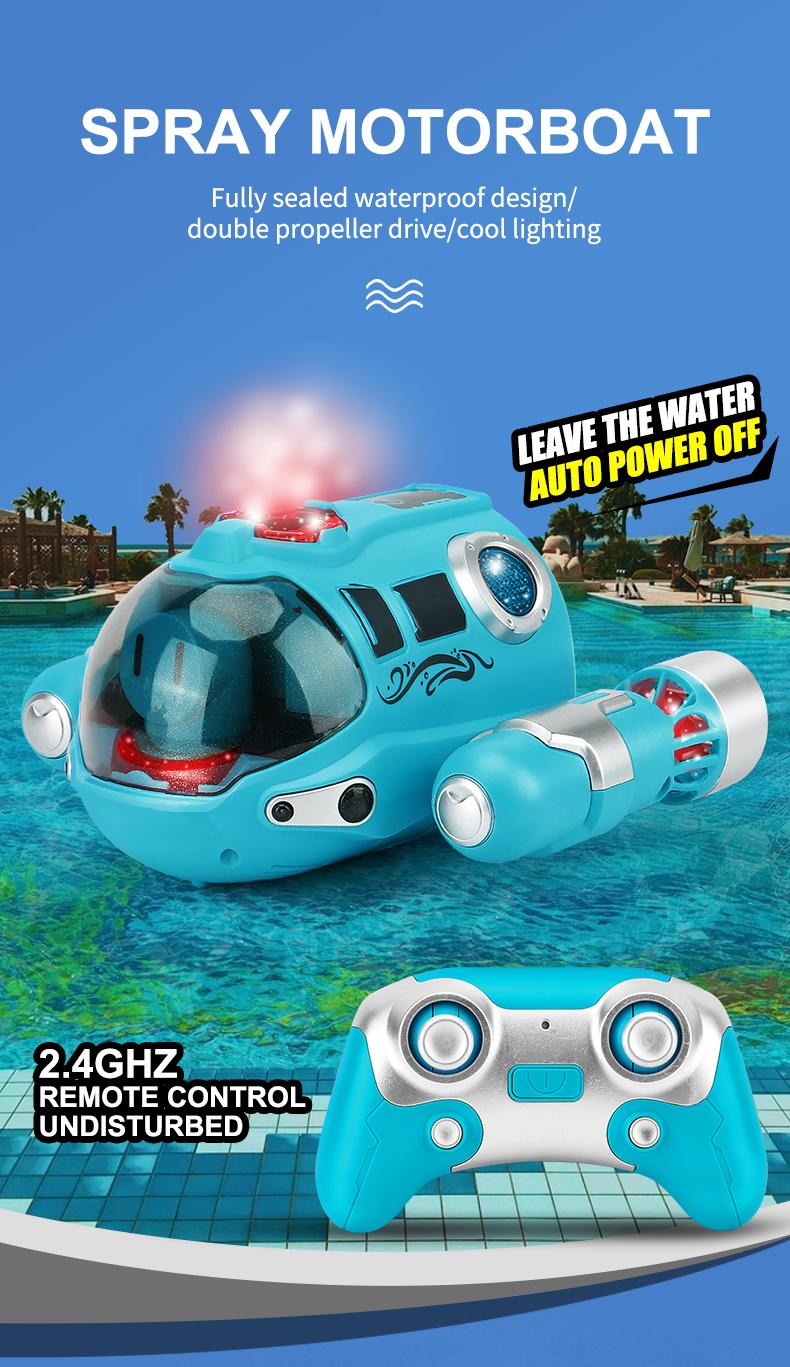 Product Introduction of RC Water Spray Submarine Battle Boat 2.4GHz Remote Control Motorboat Waterproof Swimming Pool Bathing RC Steamboat Toys for Children's Gift 67