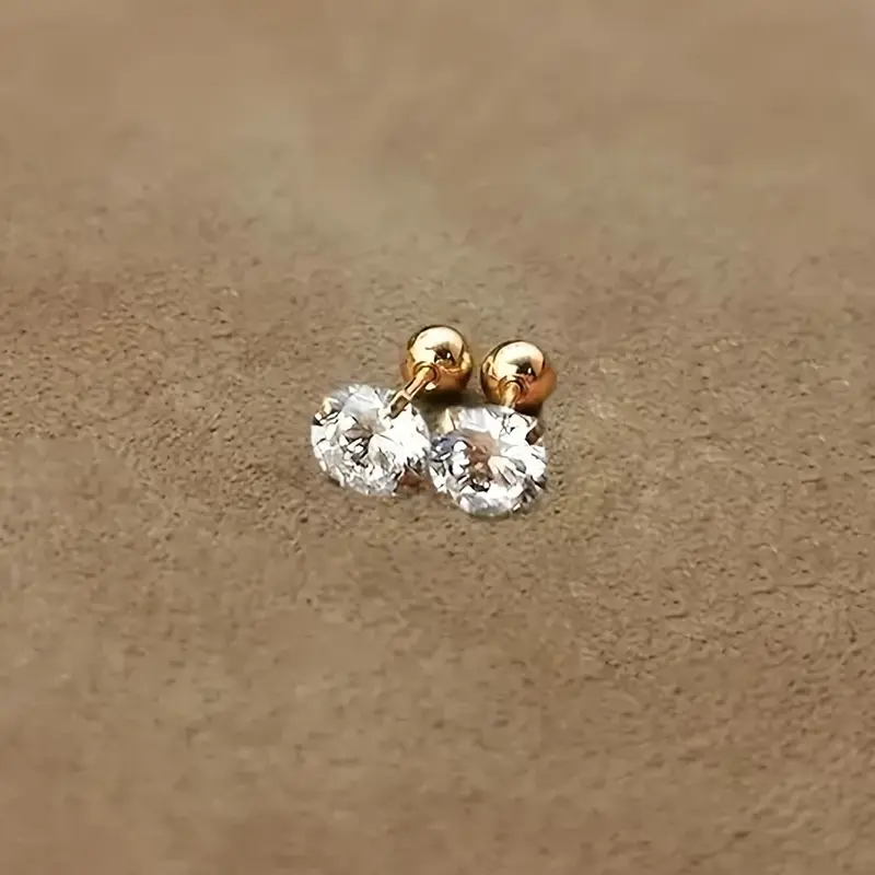 3-Pair Set, 18K Gold Plated Stainless Steel, Exquisite Simple Round Ball Twisted 4-Prong Set Cubic Zirconia Earrings, Gift Box Included 6