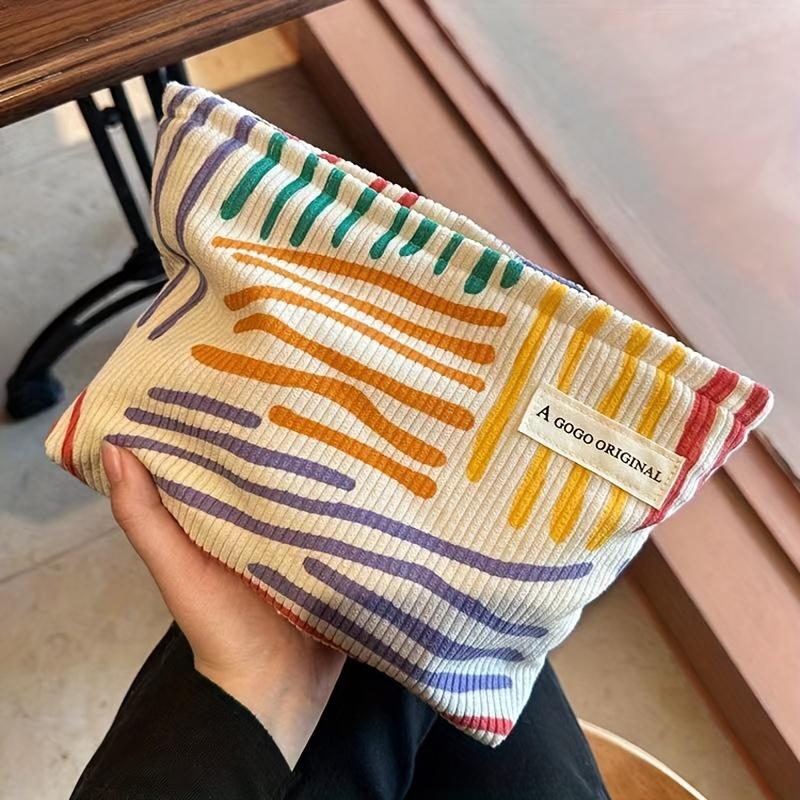 1pc Small group contrast striped makeup bag, portable travel storage bag, wash bag, skincare storage bag 0