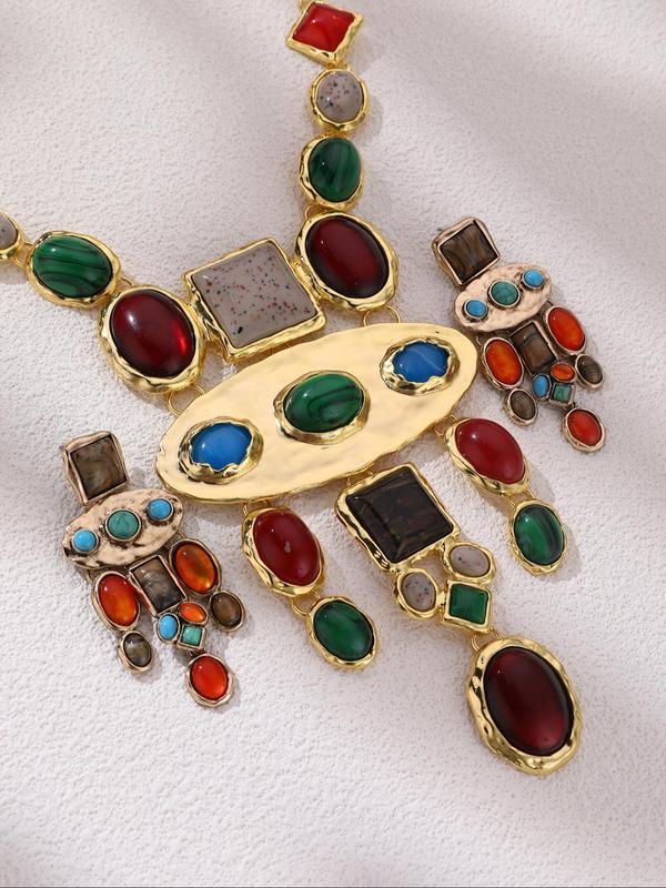 Vintage Ethnic Style Colorful Earrings & Pendant Necklace, Rhinestone Turquoise Texture Decor Jewelry Set for Party, Daily Clothing Decor, Trendy All-match & Exquisite Jewelry for Gift 4