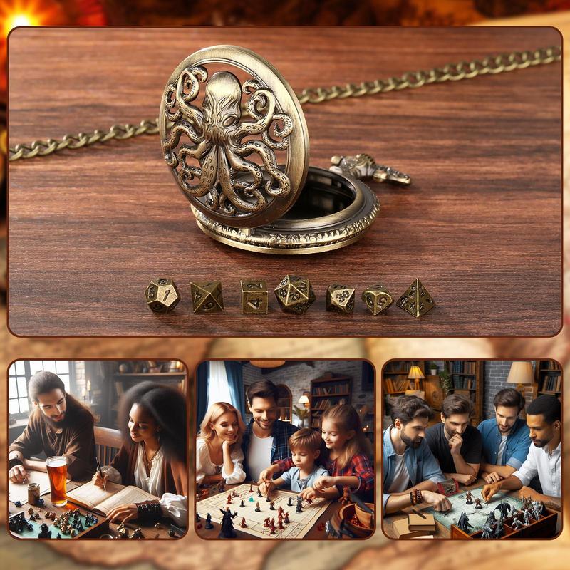 Product Introduction of Steampunk Octopus Design Pocket Watch Case with Dice Set, 1 Set Vintage Design Dice Set with Gift Box, Role Playing Board Game Accessories, Men's Gift 7