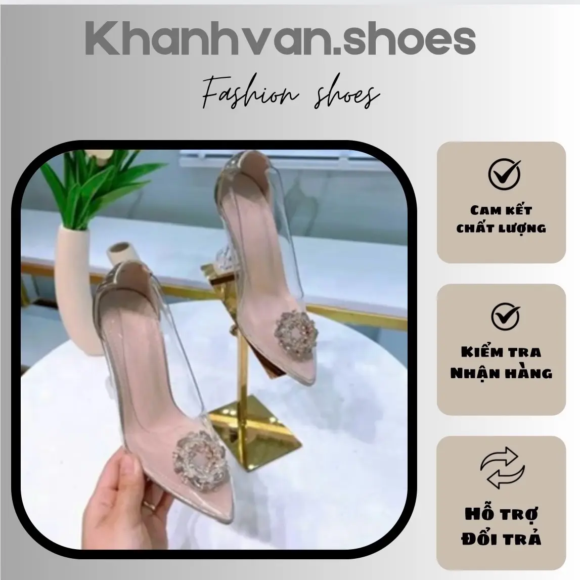 [Tăng 1 size] Giày cao gót quai trong đính hoa đá gót li 9p B11 Nữ Shoes