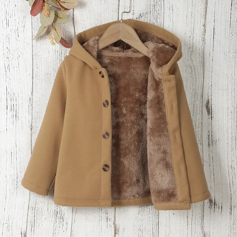 Girls' Autumn and Winter Button Cardigan Warm Jacket Children's Thickened Hooded Fleece Jacket