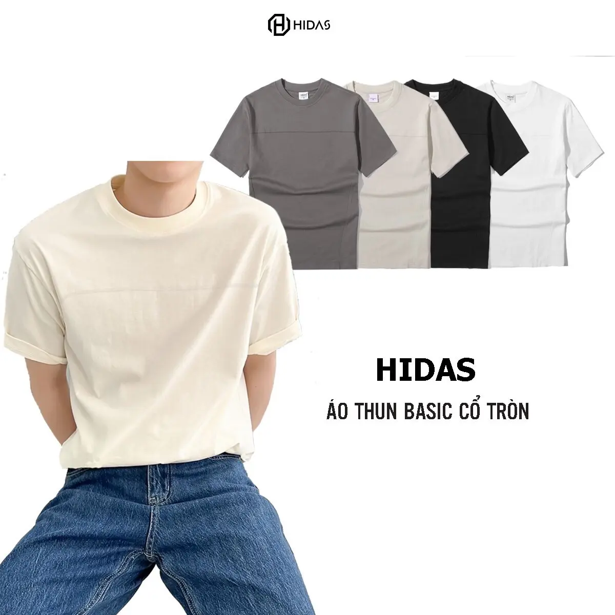 Áo thun nam basic HIDAS cổ tròn chất cotton co dãn mềm mịn dày dặn nhiều màu AP0035