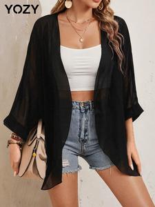 YOZY Women's Solid Sheer Open Front Jacket, Casual Long Sleeve Outerwear for Spring & Fall, Ladies Clothes for Daily Wear