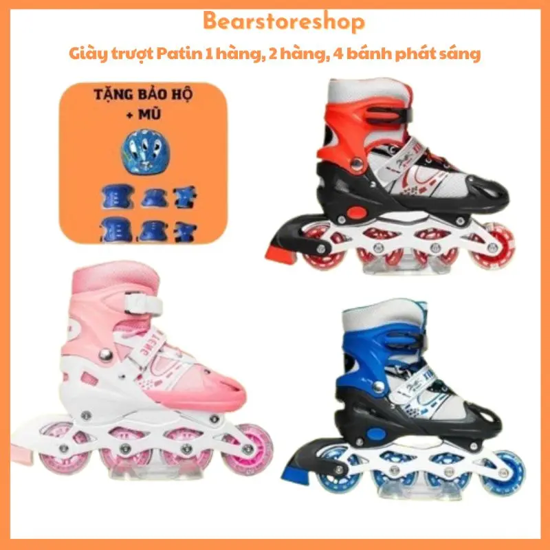 Giày trượt Patin 1 hàng, 2 hàng, 4 bánh phát sáng kèm đồ bảo hộ, Giày Patin Sport 0