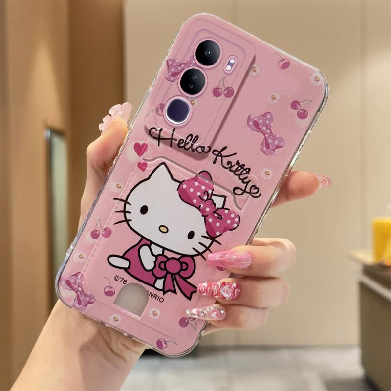 เคสโทรศัพท์ใส่บัตร ดีไซน์แมวคิตตี้น่ารัก เข้ากันได้กับ VIVO Y19S, V40 Lite, Y200, Y100, Y28s, Y28, Y