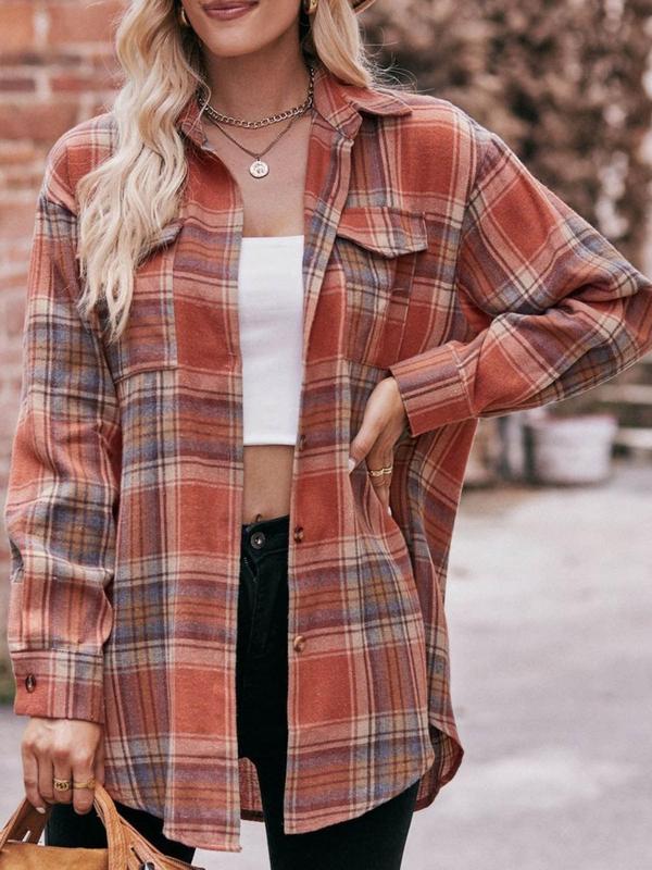 Women's Plus Size Plaid Print Flap Pocket Button Front Blouse, Casual Drop Shoulder Long Sleeve Shirt, Gift Set, Women Plus Clothing for Spring & Fall Daily Wear 7